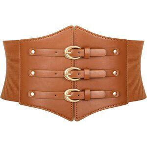 Women Corset Wide Stretch Waspie Elastic Waist Belt with Brown Buckle Gold